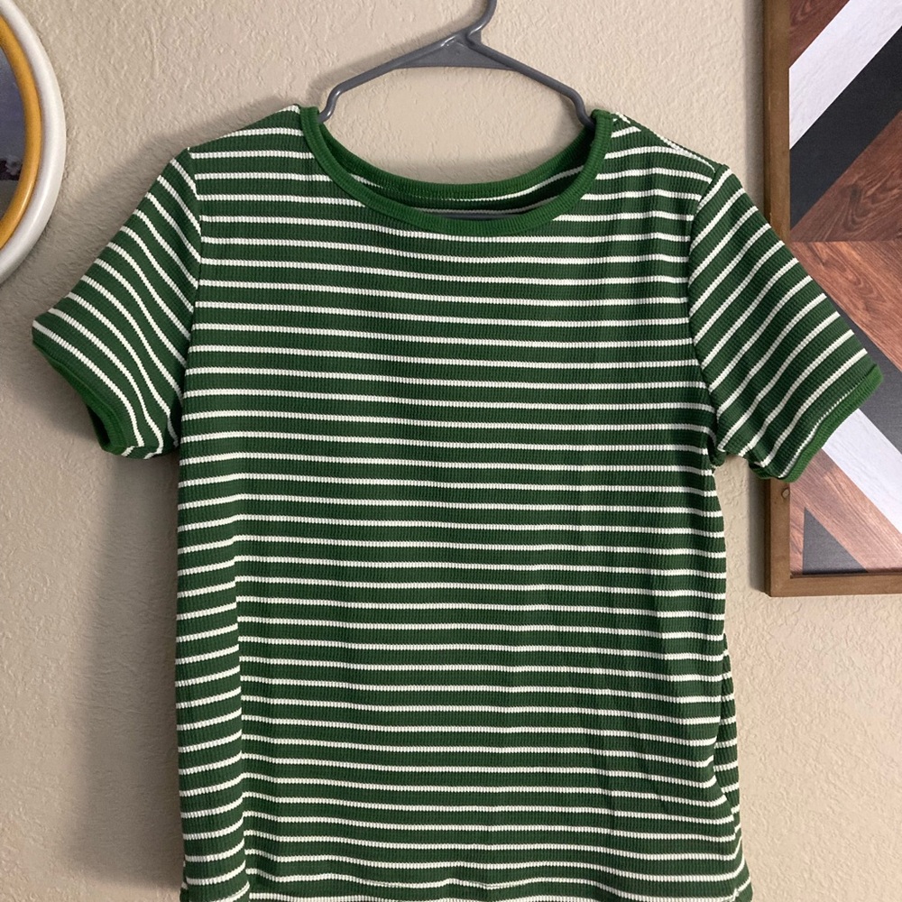 Green and whiteStriped women’s ribbed T-Shirt short sleeve